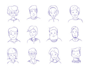 Canvas Print - Doodle human heads, hand drawn adult portraits, sketch people characters vector set