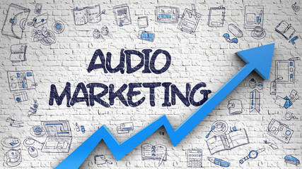 Wall Mural - audio marketing drawn on white brickwall.