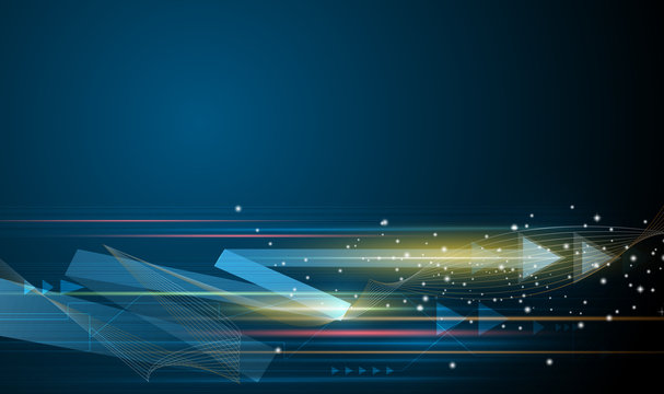 Vector Abstract, science, futuristic, energy technology concept. Digital image of light rays, stripes lines with blue light, speed and motion blur over dark blue background