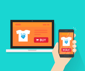 Poster - responsive internet shop design, online store web site page showed on laptop and smartphone in hand,