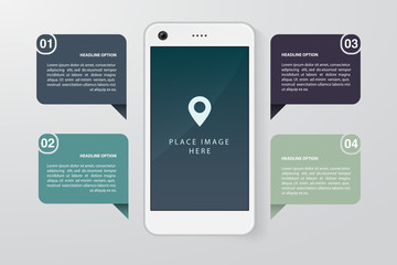 Poster - Smartphone realistic illustration with flat infographics elements. Template for website, business presentation, demonstration of mobile application development. Vector eps 10.