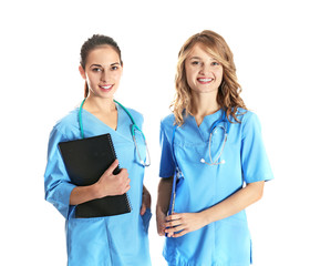 Poster - two attractive doctors on white background