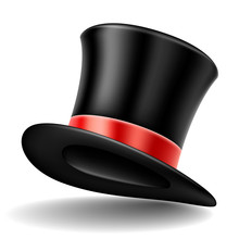 Realistic Black Top Hat With Red Ribbon, Isolated On White, For Elegant Clothing And Accessory