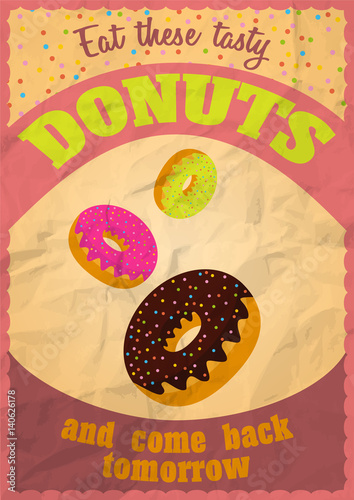 Naklejka - mata magnetyczna na lodówkę Vintage delicious donuts poster. Vector illustration.