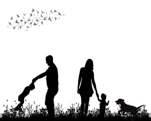 Vector, isolated, silhouette family walking on grass, playing