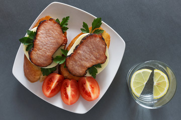 Open sandwiches with ham and mozzarella