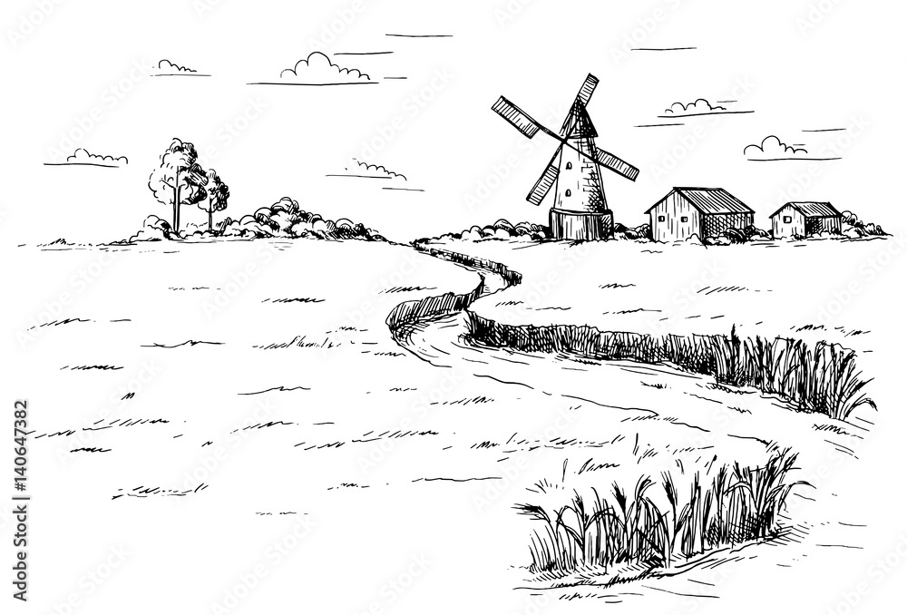 Rural landscape field wheat in graphical style. Hand drawn and ...