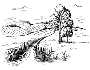vector hand drawn illustration landscape with mountains tree road ears in graphical style