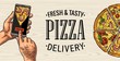 © MoreVector - Vertical banner hands touching a mobile phone for order pizza