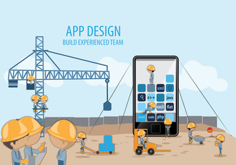 Mobile Application Development,Experienced Team-Vector Illustration,Graphic Design.Crane lifting building blocks.For Web Site,Poster,Presentation Templates,Ui.Creative Collaboration,Teamwork Concept