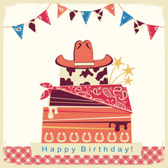 Cowboy happy birthday party card with cake and cowboy hat