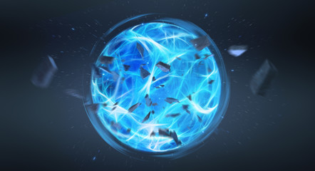 Poster - Digital blue exploding superpower ball 3D rendering