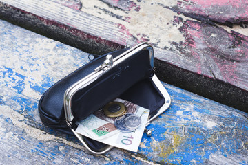 Polish Zloty in black purse and coins. Close-up.