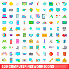 Poster - 100 computer network icons set, cartoon style