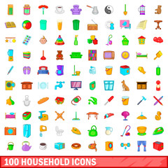 Poster - 100 household icons set, cartoon style