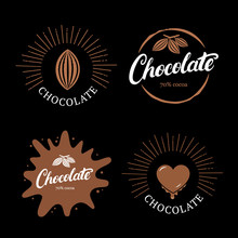 Set Of Chocolate Hand Written Lettering Logo, Label, Badge Or Emblem With Cocoa Bean.