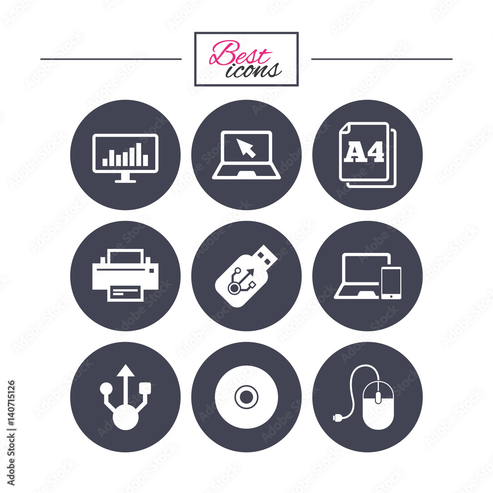 Computer devices icons. Printer, laptop signs. Stock Vector | Adobe Stock