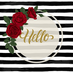 black and white watercolor striped background with Hand drawn lettering hello.