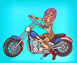 Vector pop art pin up illustration of a sexy biker girl in bikini and sunglasses sitting on a motorcycle
