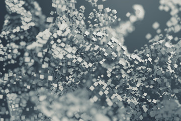 Poster - Abstract 3d rendering of chaotic particles. Flying cubes in empty space. Dynamic shape. Futuristic background with bokeh, depth of field effect. Design for poster, banner, placard.