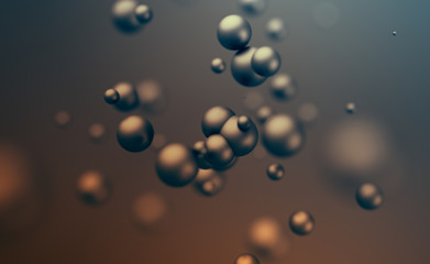 Poster - Abstract 3d rendering of chaotic spheres. Flying particles in empty space. Dynamic shape. Futuristic background with bokeh, depth of field effect. Design for poster, banner, placard.