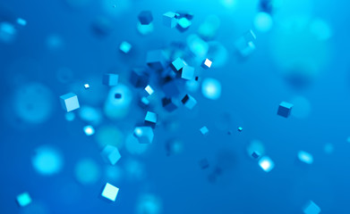 Poster - Abstract 3d rendering of chaotic cubes. Flying shapes in empty space. Dynamic background with bokeh, depth of field effect. Design for poster, banner, placard.