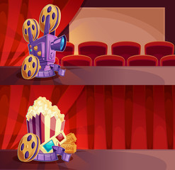 Wall Mural - Set of vector cartoon banners with a cinema hall, screen and red curtains. Two templates for advertising posters to the films premiere