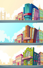 Set vector cartoon illustration of an urban landscape with the buildings of old and modern cinemas. A collection of cartoon banners for advertising