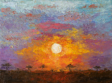 Oil Painting On Canvas Of Sunset In African Savannah Landscape.