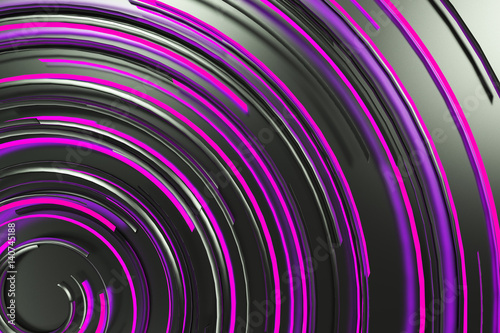 Fototapeta na wymiar Black concentric spiral with violet glowing elements on black background