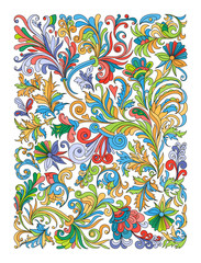 Wall Mural - Ethnic colored floral zentangle, doodle background pattern rectangle in vector.