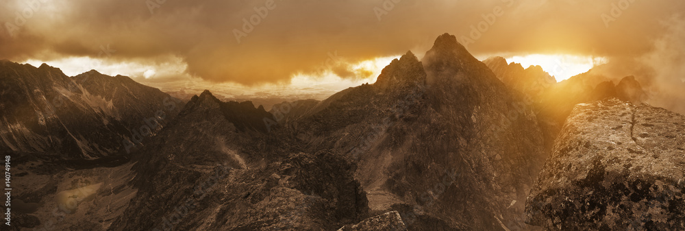 Panoramic view of high Tatra mountain peaks. - obrazy, fototapety, plakaty 