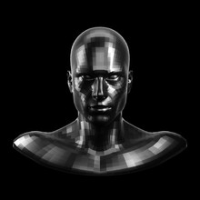 3D Rendering. Faceted Black Robot Face With Black Eyes Looking Front On Camera.