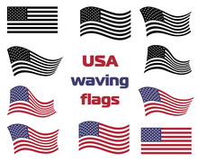 Waving USA National Flag Set Vector Black And White And Color