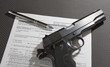 © Guy Sagi - Semi-auto pistol on top of the 4473 firearm transfer paperwork to get an FBI background check to buy it.