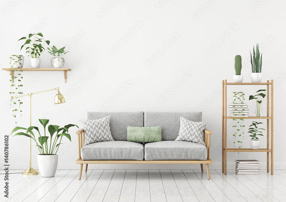 Urban jungle style livingroom with gray sofa, golden lamp and plants in pots on white wall background. 3d rendering. - obrazy, fototapety, plakaty 
