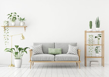 Urban Jungle Style Livingroom With Gray Sofa, Golden Lamp And Plants In Pots On White Wall Background. 3d Rendering.