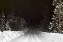 Snow Covered Road Amidst Trees At Night