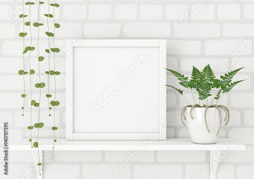Square Frame Poster Mock Up With Green Plants On White Brick Wall Background 3d Rendering Stock Illustration Adobe Stock