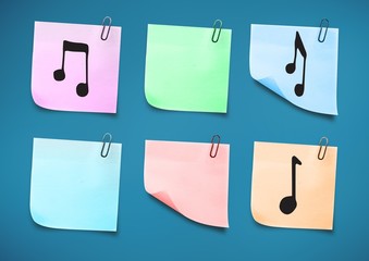 Poster - Sticky Note with Music Icons against a neutral blue background
