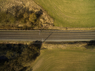 aerial view of railroad tracks in the countryside with agricultural fields