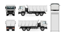 Vector Dump Truck. Isolated White Tipper Lorry. All Elements In The Groups Have Names, The View Sides Are On Separate Layers For Easy Editing. View From Side, Back, Front And Top.