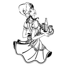 Vector Illustration Of Waitress In Christmas Hat In Retro Style With Beer Order