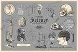 Fototapeta  - retro graphic design elements: vintage science - collection of vintage drawings featuring disciplines such as medicine, phrenology, chemistry, palm reading (chiromancy) and nautical navigation