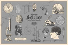 Retro Graphic Design Elements: Vintage Science - Collection Of Vintage Drawings Featuring Disciplines Such As Medicine, Phrenology, Chemistry, Palm Reading (chiromancy) And Nautical Navigation