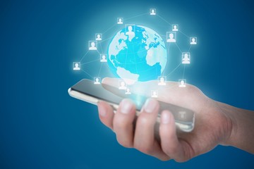 Poster - Composite image of cropped image of person holding mobile phone