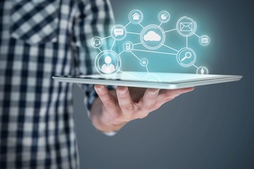 Poster - Composite image of midsection of man holding digital tablet