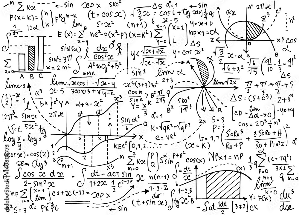 Math education vector pattern with handwritten formulas, tasks, - obrazy, fototapety, plakaty 