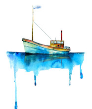 Watercolor Painting. Cartoon Boat On White Background.