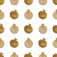 Gold Abstract Pomegranate Pattern. Hand Paintied Seamless Background. Summer Fruit Illustration.